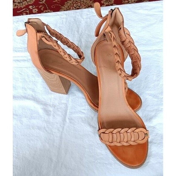Qupid Heeled Sandal 9 Tan 4" Block Heel Strappy Braid - Picture 2 of 6